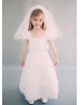 A-line Straight Neck Rosette Ankle Length Flower Girl Dress With Beaded Sash